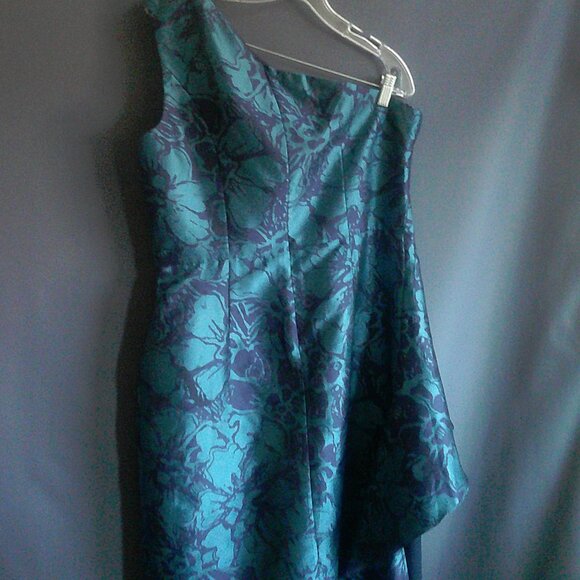 Kay Unger One Shoulder Navy Aqua Floral Walk Thru Jumpsuit Dress 14 - Picture 8 of 12